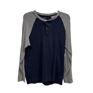Tailor Vintage Gray Navy Blue Button Long Sleeve Henley Tee Shirt M Cotton Blend